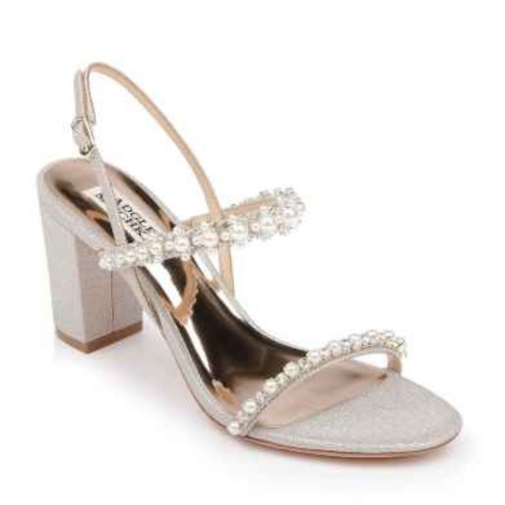 Badgley Mischka Pearl-Embellished Metallic Block Heel Sandals